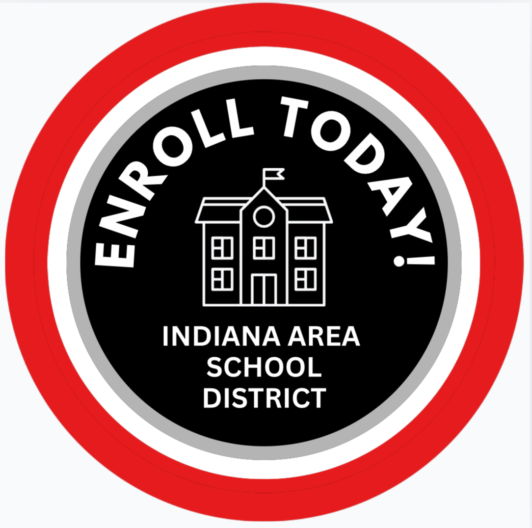 A logo for Indiana Area School District. It features a school building, text, and a red circle.