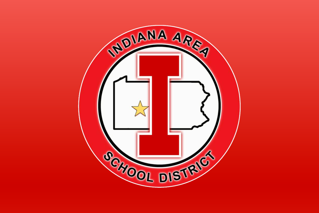 Red background with the Indiana Area School District logo. A red circle contains a star and the letter I.