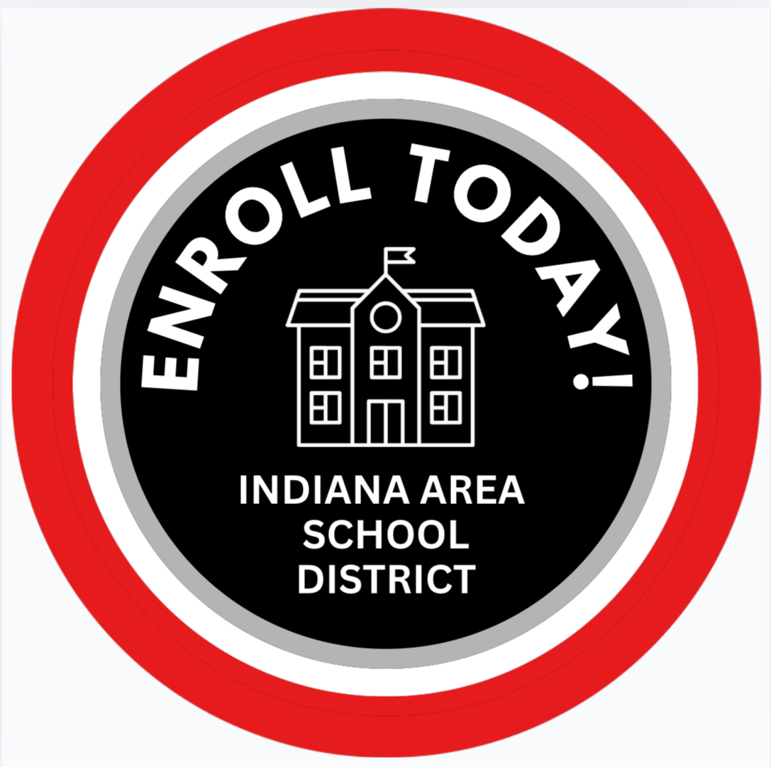 A round logo with red and black borders. A building graphic sits atop the text "ENROLL TODAY". Below is the text "INDIANA AREA SCHOOL DISTRICT".