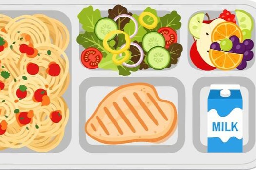 A lunch tray contains pasta with tomato sauce, a salad, grilled chicken, a fruit salad, and a carton of milk.
