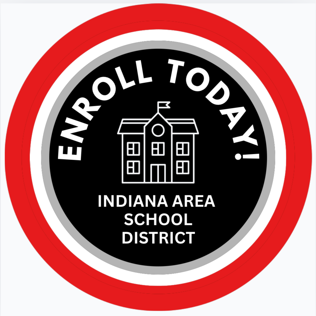 A circular logo features a building graphic, "ENROLL TODAY!" text, and "INDIANA AREA SCHOOL DISTRICT" text within a red border.