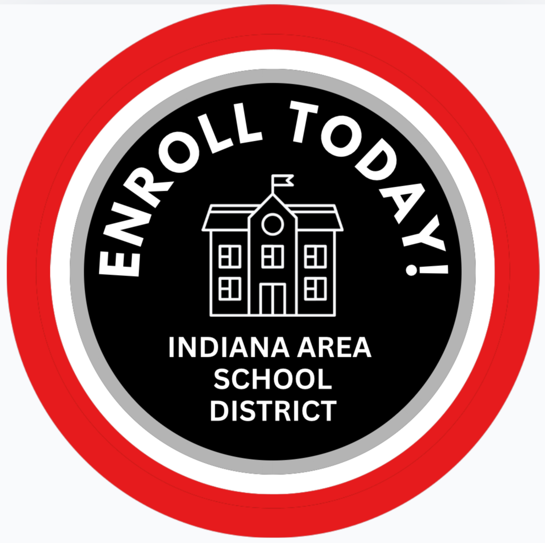 Logo for Indiana Area School District with circular red and black outline, a school building icon, and text reading "ENROLL TODAY".