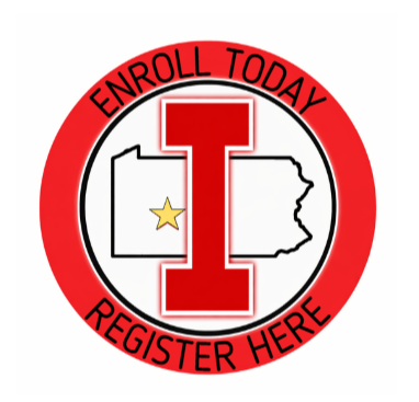 A circular logo with red and white text. It features an outlined map of Pennsylvania and a yellow star.