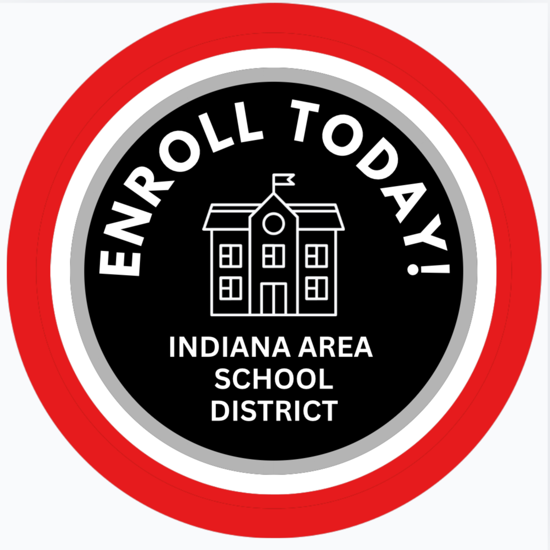 Circular logo for Indiana Area School District enrollment. Features a school building, red and black colors, and white text.