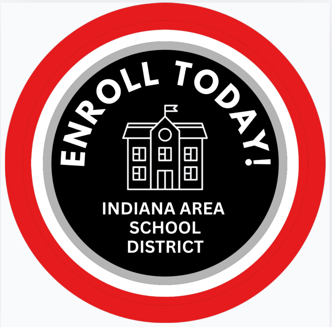 A circular emblem with the text "ENROLL TODAY!" in the center, and a school building silhouette beneath it. Below the emblem, it reads "INDIANA AREA SCHOOL DISTRICT."