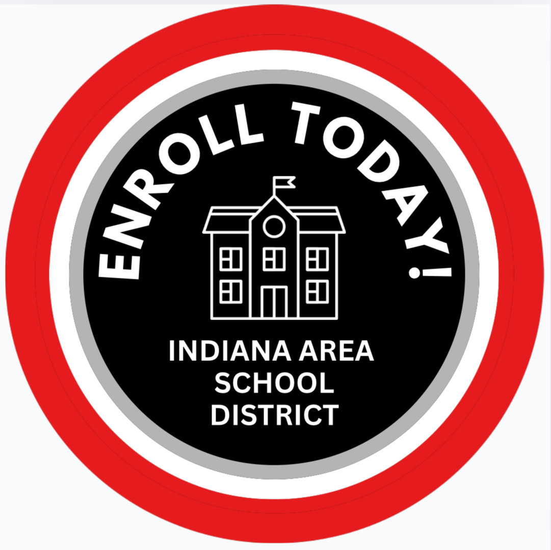 Circular logo with red and black borders, featuring a school building graphic and the words "ENROLL TODAY" and "INDIANA AREA SCHOOL DISTRICT."