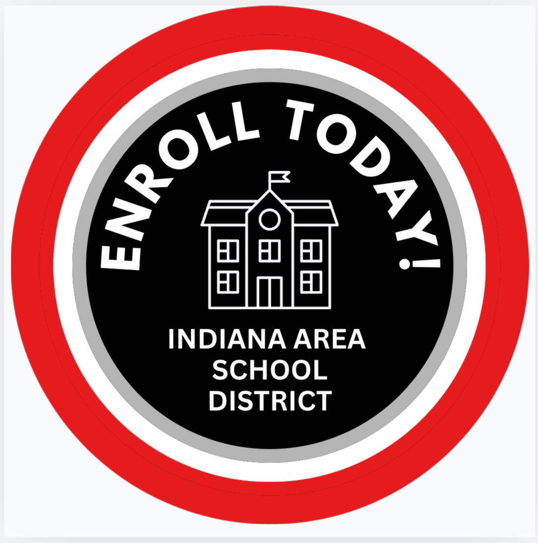Circular logo with red and black circles. The black circle features a building and text. It reads "ENROLL TODAY!" and "Indiana Area School District."