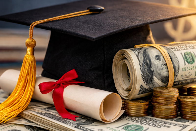 a black graduation cap with gold tassel and rolled up diploma on a pile of cash in stacks and rolled up along with gold coins