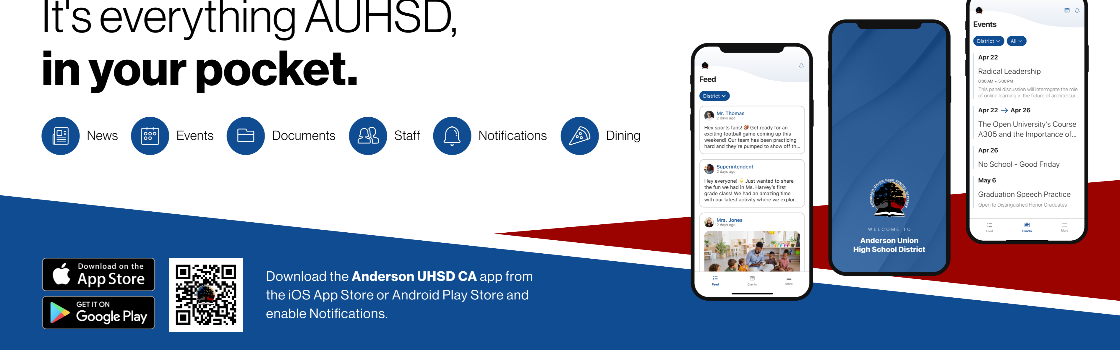 Three mobile phones display AUHSD information. The left phone shows an app icon with text. The middle phone displays a user profile. The right phone displays a message.