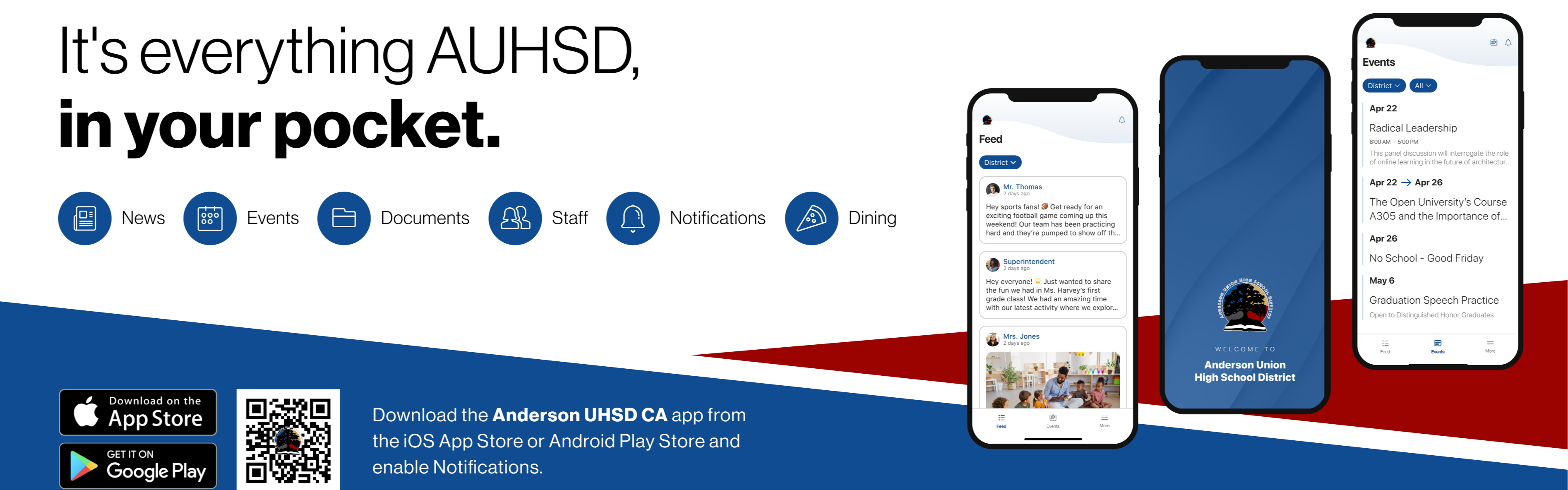 Three mobile phones on a blue, white, and red background. Download app from Apple or Android store.