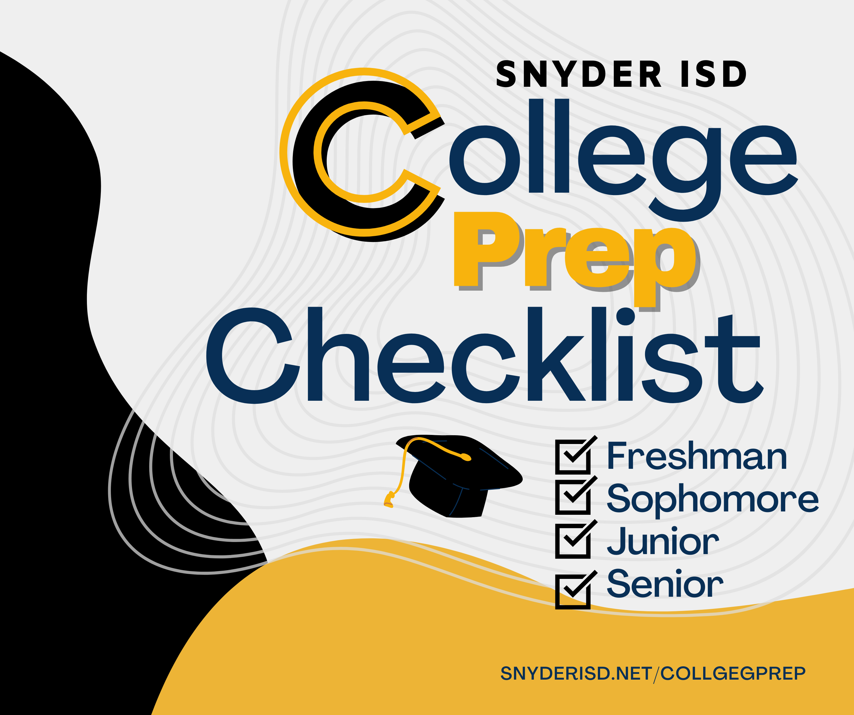 College prep checklist graphic - checkboxes next to freshman, sophomore, junior, and senior