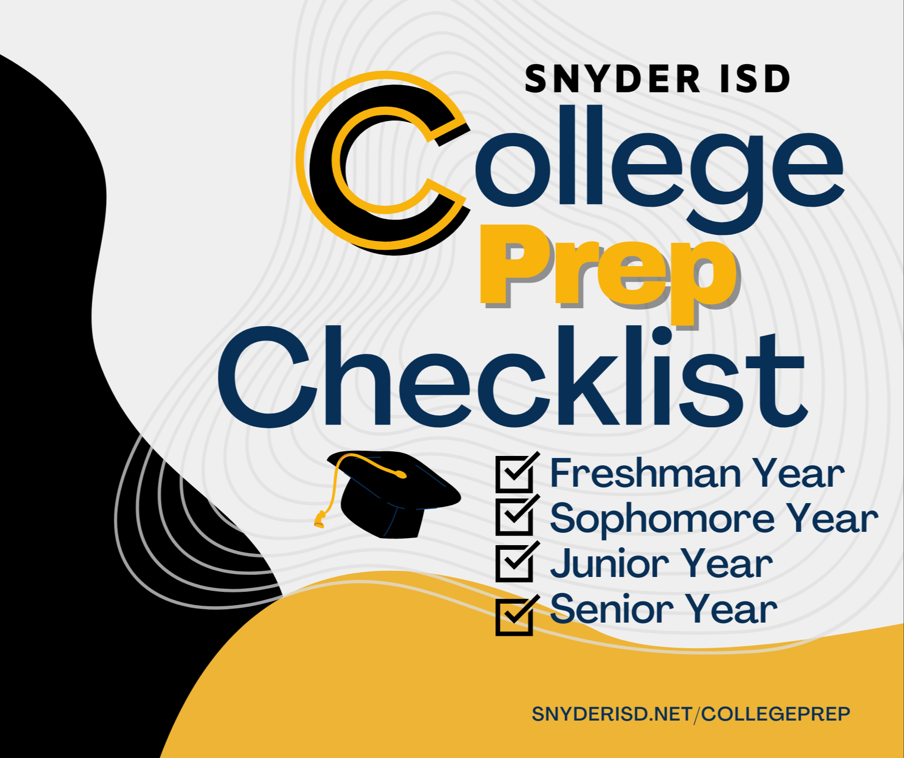 College prep checklist graphic - checkboxes next to freshman, sophomore, junior, and senior