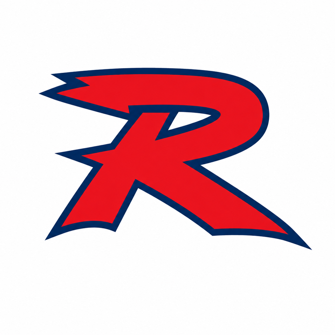 The Richland Rangers logo features a bold, stylized red letter "R" outlined in navy blue on a white background. The simple, recognizable design serves as the official athletic logo for Richland schools.