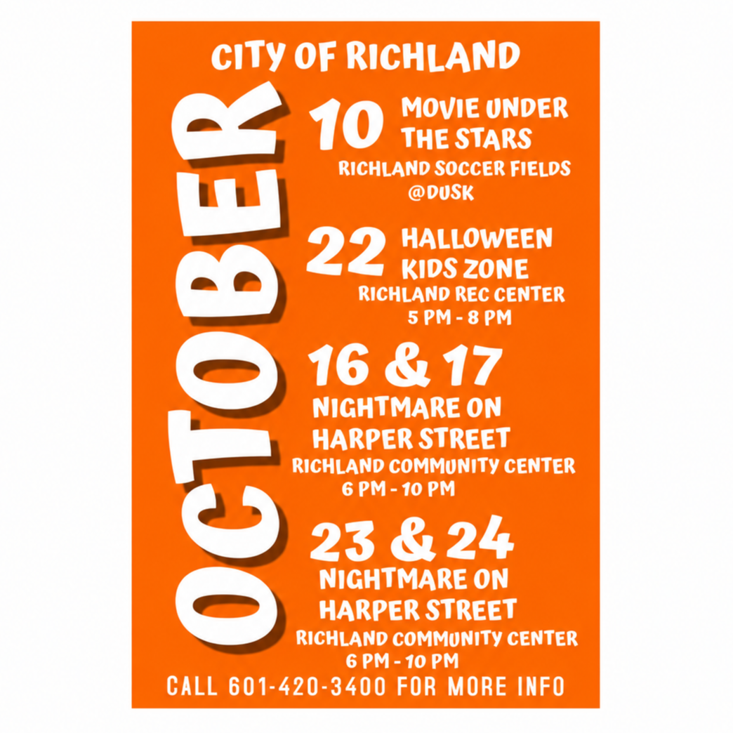 City of Richland October Halloween events flyer featuring Movie Under the Stars on October 10, Halloween Kids Zone on October 22, and Nightmare on Harper Street on October 16โ17 and October 23โ24. Events are held at Richland Soccer Fields, Richland Rec Center, and Richland Community Center. Call 601-420-3400 for more information.
