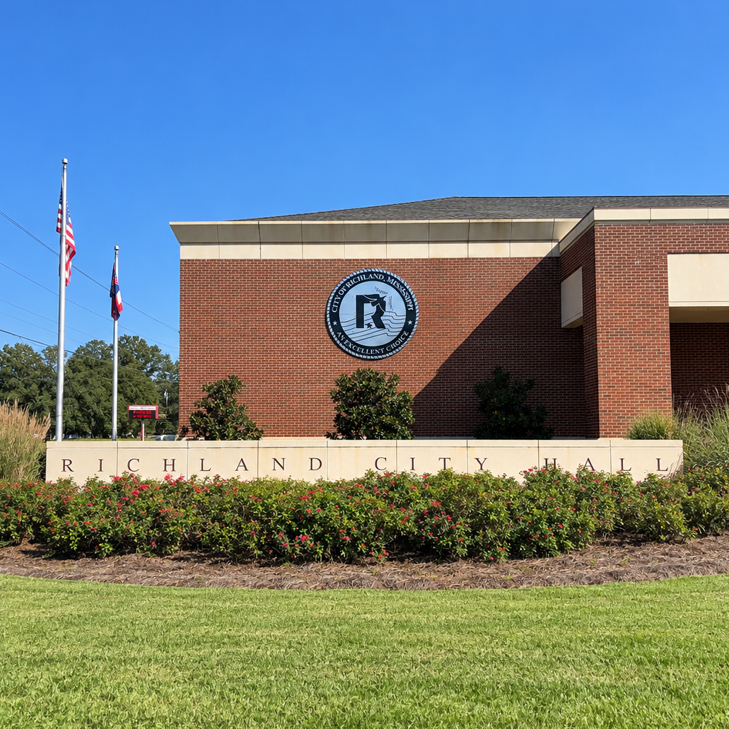 Exterior view of Richland City Hall featuring the newly installed City of Richland emblem on the brick building, with the โRichland City Hallโ sign, landscaped flower beds, and American and Mississippi flags visible under a clear blue sky.