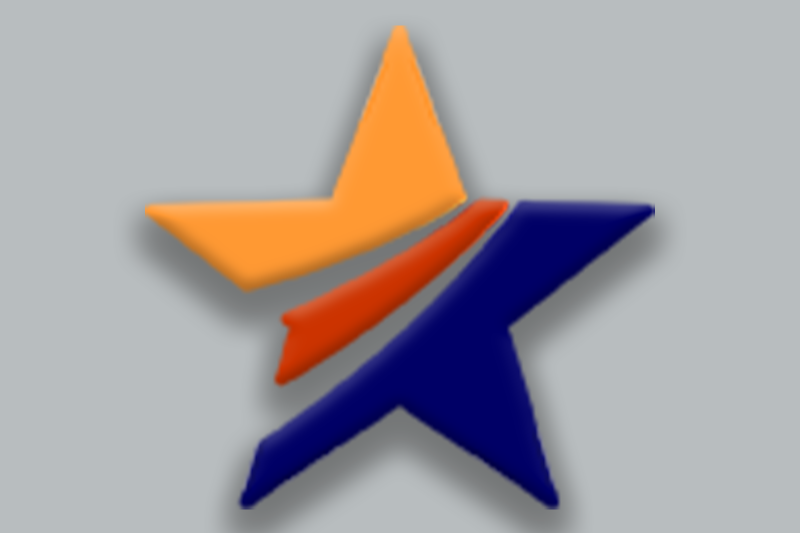 a star with the top left section orange, the mid section dark orange, and the bottom right section blue. All on a gray background.