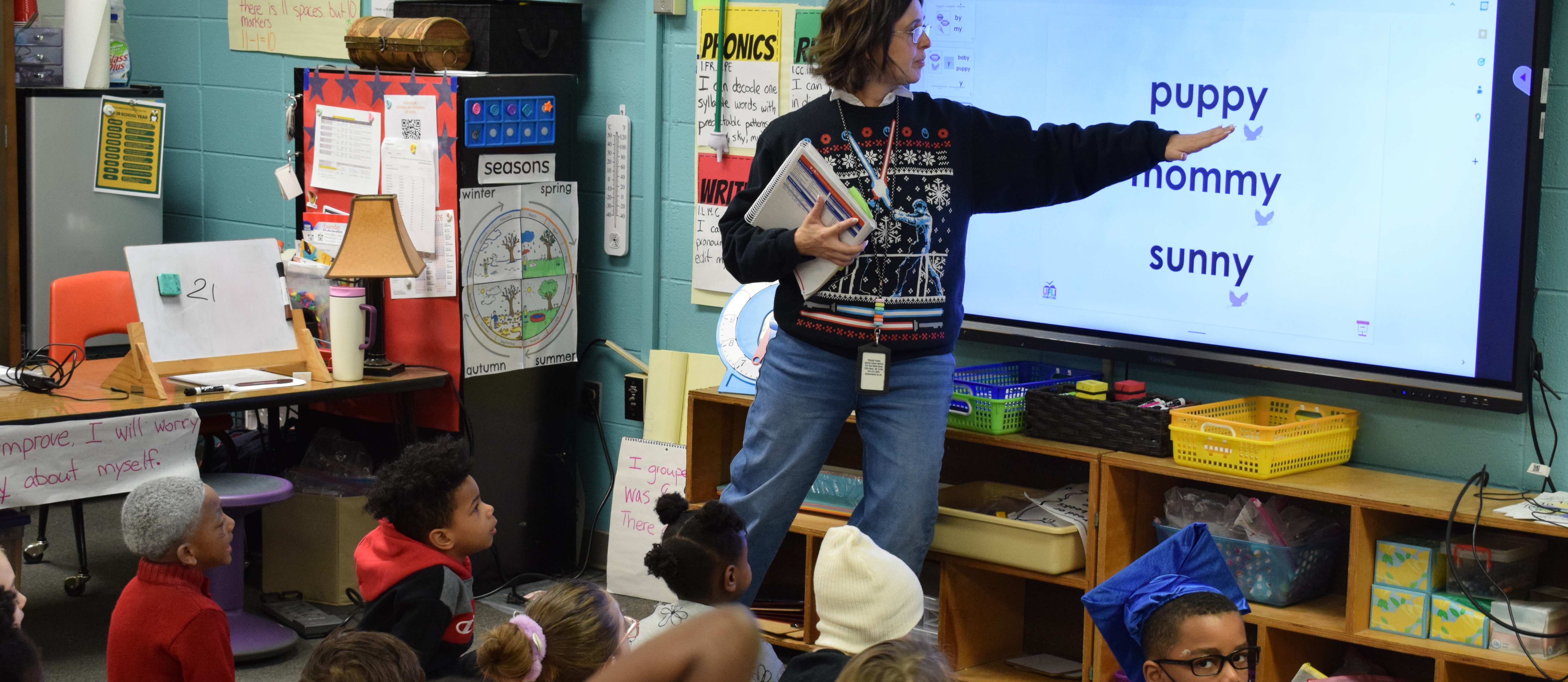 Cato MAR Slider of students in a classroom learny about the letter Y at the end of the words puppy, mommy, and sunny