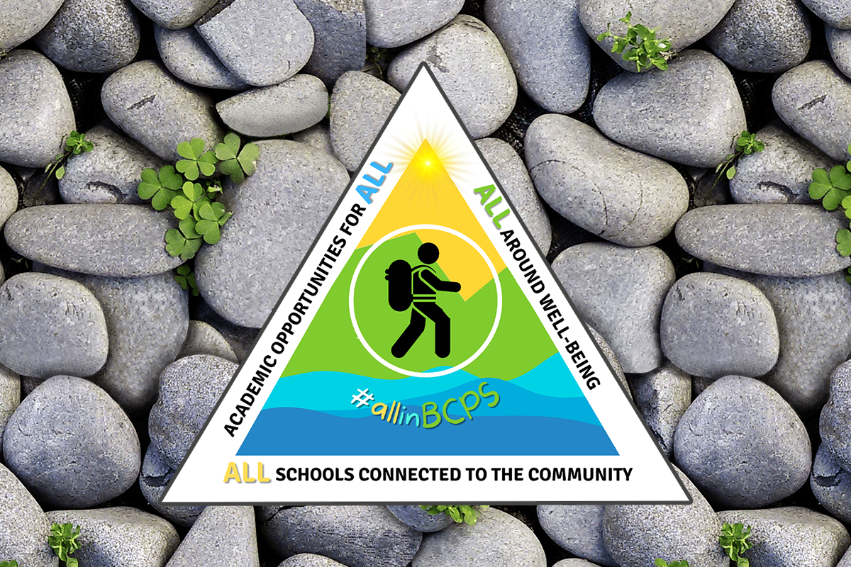 Triangle logo with a hiker icon  centered.  The triangle is bordered with the words, Academic Opportunities for All, All around well-being, All schools connected to the community.