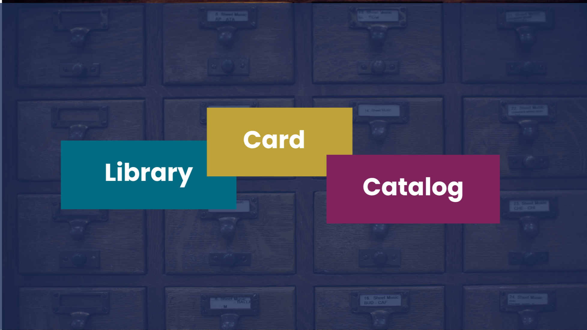 library cardf catalog with text reading Library Card Catalog