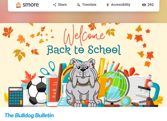 Welcome Back to School! A cheerful fall-themed banner featuring Dr. Brown Elementary’s bulldog mascot, school supplies, sports equipment, and autumn leaves.