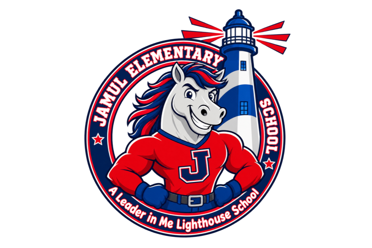 Logo featuring a horse in a red shirt with the letter J, a lighthouse, and the text "Jamul Elementary School".