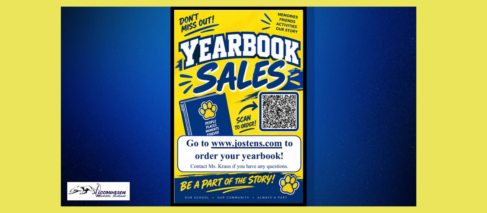 yellow and blue background with flyer advertising yearbook sales