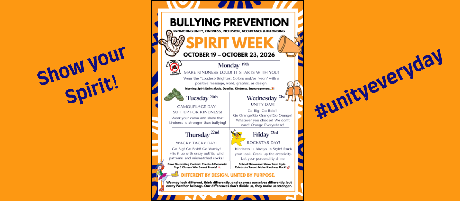orange background with blue text and flyer advertising bullying prevention spirit week
