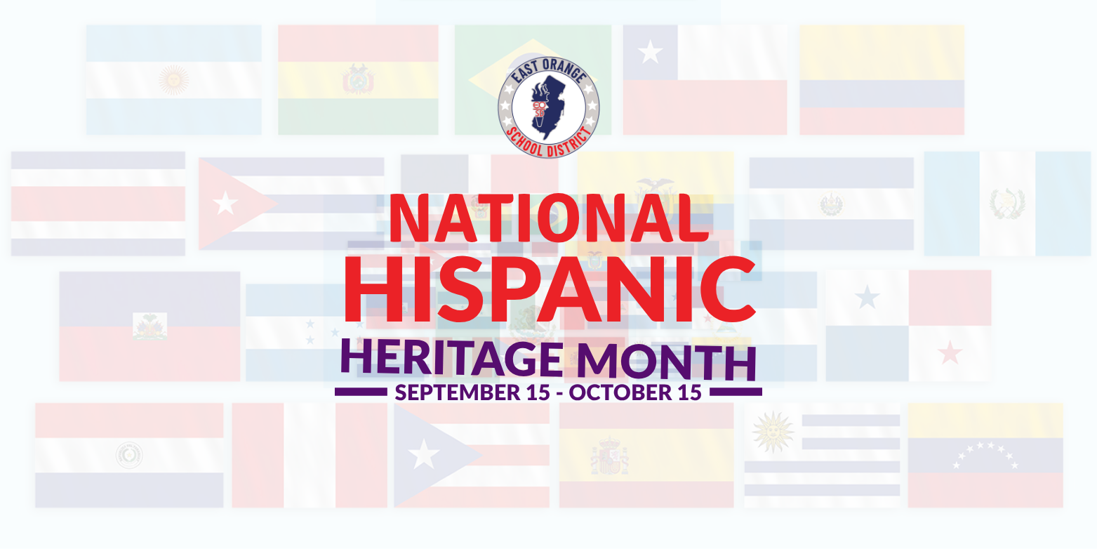 National Hispanic Heritage Month: Red text and blue with flags transparent in the back