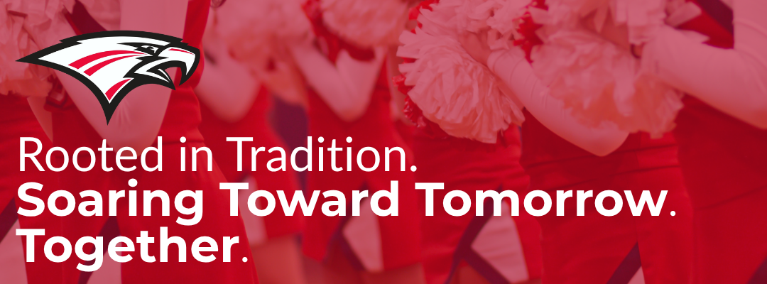 A school spirit graphic displaying the Frankenmuth School District eagle logo alongside the text "Rooted in Tradition. Soaring Toward Tomorrow. Together." over a semi-transparent background image of cheerleaders holding pom-poms.