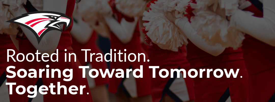 A school spirit graphic displaying the Frankenmuth School District eagle logo alongside the text "Rooted in Tradition. Soaring Toward Tomorrow. Together." over a semi-transparent background image of cheerleaders holding pom-poms.