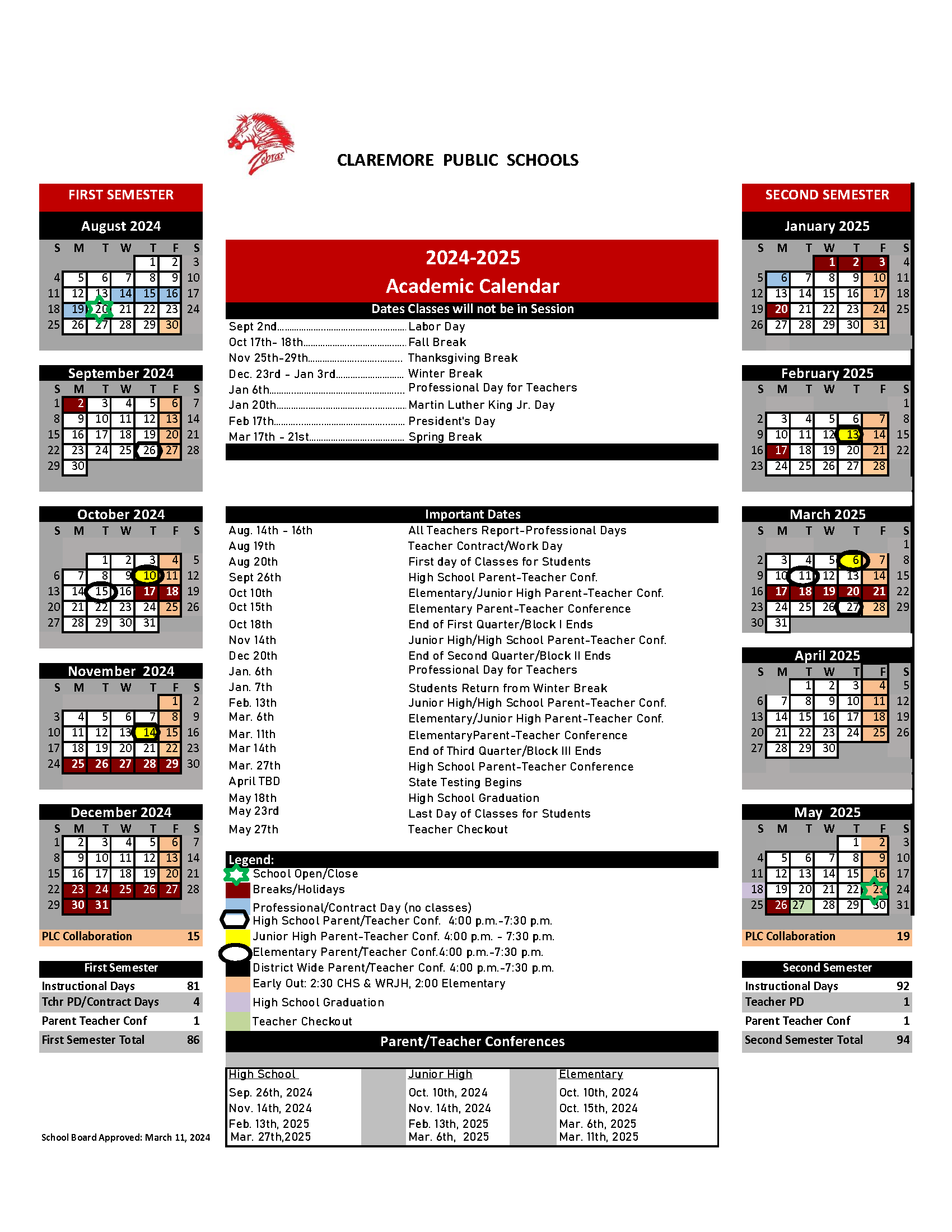 ACADEMIC CALENDAR Claremore Public Schools