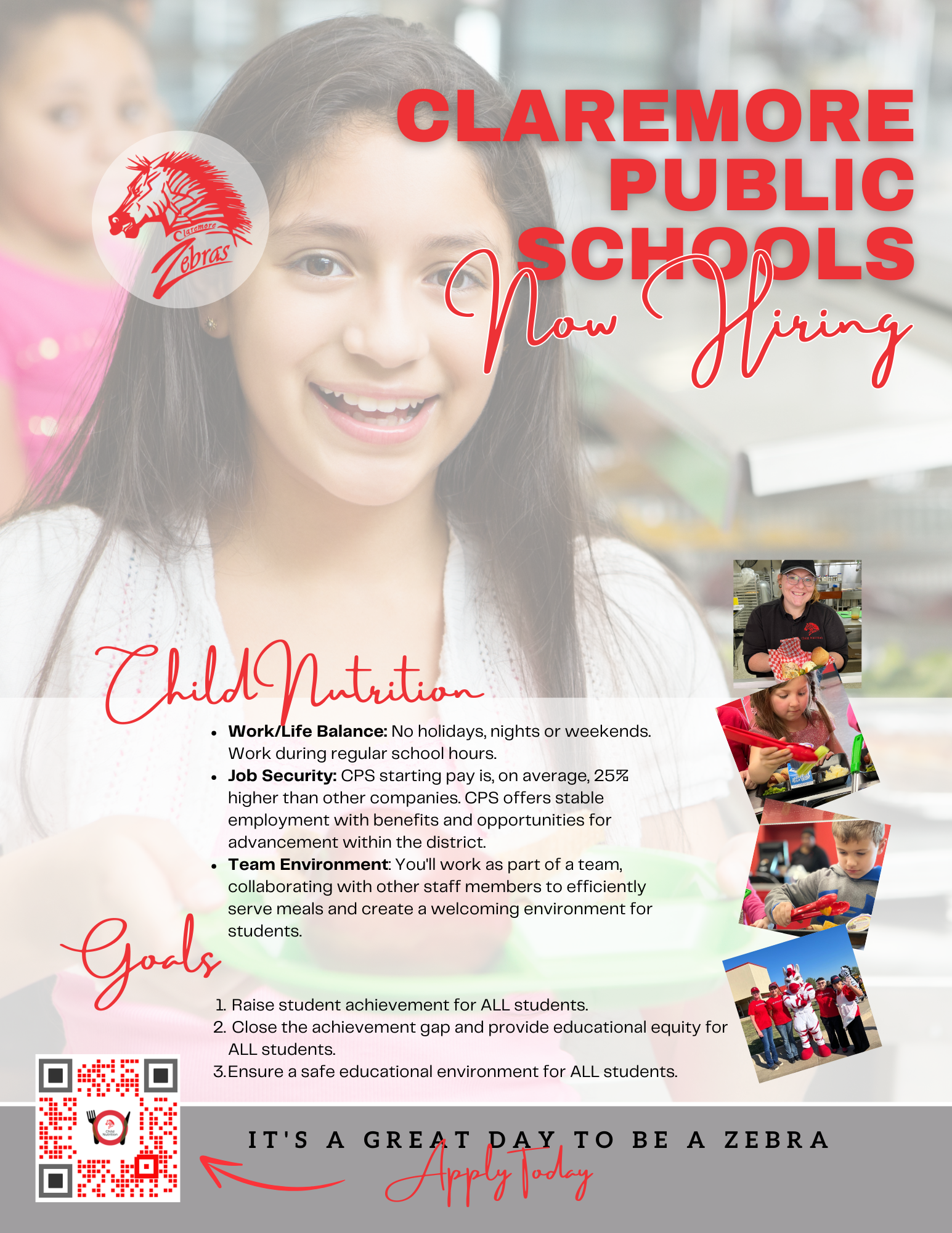 CPS hiring Child Nutrition Worker, work/life balance, job security, team environment 