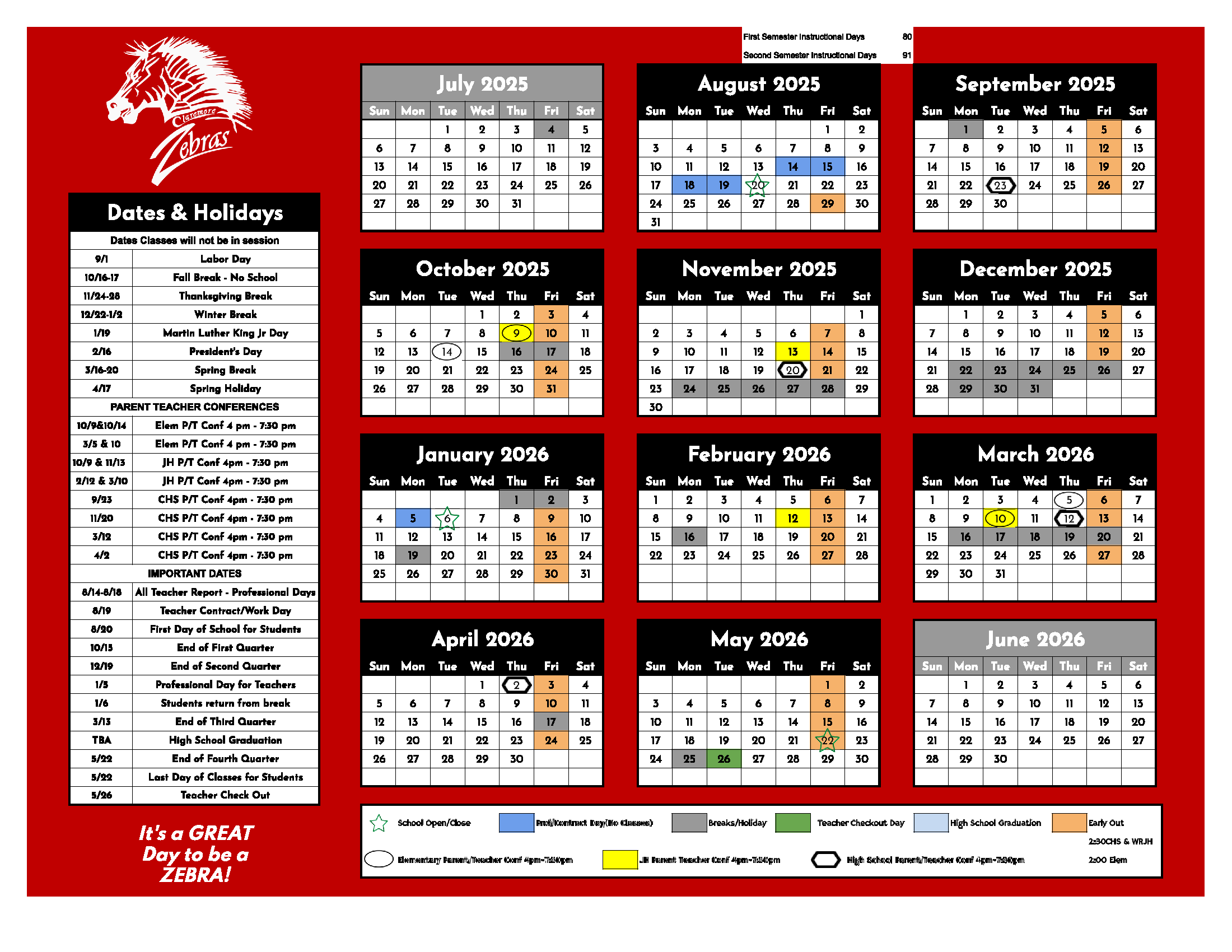 Here are a few highlights from the 2025-24 calendar:   First Day of School: August 20, 2025 Last Day of School: May 22, 2026 Holiday Breaks/No School Labor Day: September 1, 2025 Fall Break: October 16-17, 2025 Thanksgiving: November 24-28, 2025 Christmas: December 22, 2025 - January 2, 2026 (Students return: January 6th, 2026) Dr. Martin Luther King Jr. Day: January 19, 2026 Presidents Day: February 16, 2026 Spring Break: March 23-27, 2026 Spring Holiday: April 17, 2026  Professional Development Day (PD): January 5, 2026 On PD Days, our students will have a break from classes; however, our teachers will be on campus to participate in training and to continue to grow their skills and knowledge to benefit students. Parent-Teacher Conferences:  High School:  Sept. 23, 2025; Nov.20, 2025; March 12, 2026; April 2, 2026 WRJH:  Oct. 9, 2025; Nov. 13, 2025; Feb. 12, 2026; March 10, 2026 Elementary: Oct. 9, 2025; Oct. 14, 2025; March 3, 2026; March 10, 2026 We hope you will join us during parent conferences to discuss your child's academic progress and how we can work together to encourage their success.  Early Release Days (PLC):  The district will begin early Friday dismissals on August 29, 2025, to allow teachers more time to collaborate and explore student resources with their Professional Learning Community (PLC). They will continue every Friday through May 8, 2026. NOTE:  May 15 and 22, 2026, will be FULL INSTRUCTIONAL DAYS. 