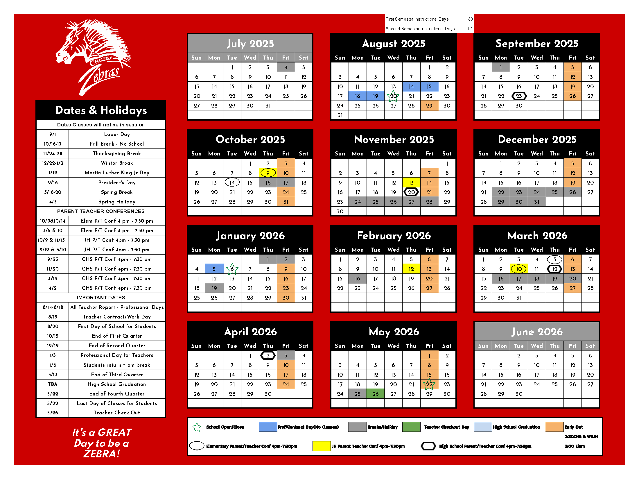 Here are a few highlights from the 2025-24 calendar:   First Day of School: August 20, 2025 Last Day of School: May 22, 2026 Holiday Breaks/No School Labor Day: September 1, 2025 Fall Break: October 16-17, 2025 Thanksgiving: November 24-28, 2025 Christmas: December 22, 2025 - January 2, 2026 (Students return: January 6th, 2026) Dr. Martin Luther King Jr. Day: January 19, 2026 Presidents Day: February 16, 2026 Spring Break: March 23-27, 2026 Spring Holiday: April 17, 2026  Professional Development Day (PD): January 5, 2026 On PD Days, our students will have a break from classes; however, our teachers will be on campus to participate in training and to continue to grow their skills and knowledge to benefit students. Parent-Teacher Conferences:  High School:  Sept. 23, 2025; Nov.20, 2025; March 12, 2026; April 2, 2026 WRJH:  Oct. 9, 2025; Nov. 13, 2025; Feb. 12, 2026; March 10, 2026 Elementary: Oct. 9, 2025; Oct. 14, 2025; March 3, 2026; March 10, 2026 We hope you will join us during parent conferences to discuss your child's academic progress and how we can work together to encourage their success.  Early Release Days (PLC):  The district will begin early Friday dismissals on August 29, 2025, to allow teachers more time to collaborate and explore student resources with their Professional Learning Community (PLC). They will continue every Friday through May 8, 2026. NOTE:  May 15 and 22, 2026, will be FULL INSTRUCTIONAL DAYS. 