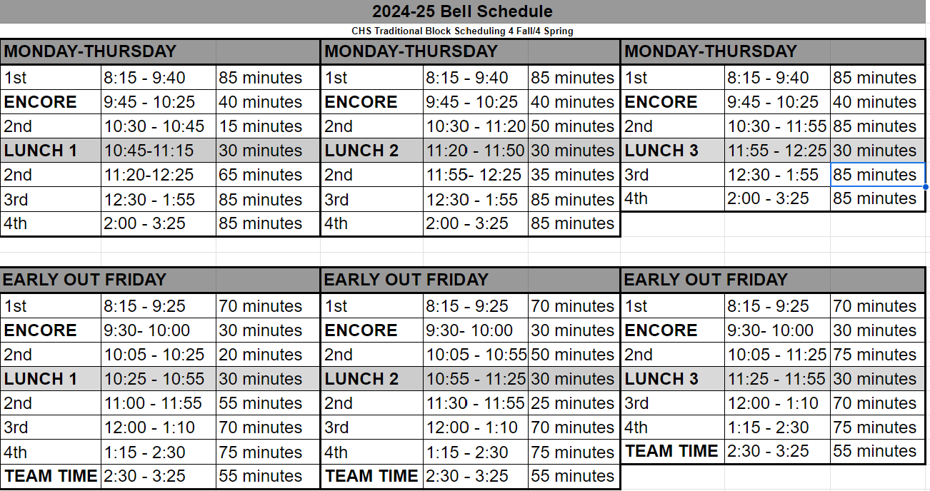 High School Schedule is typed out in the tabs below. 