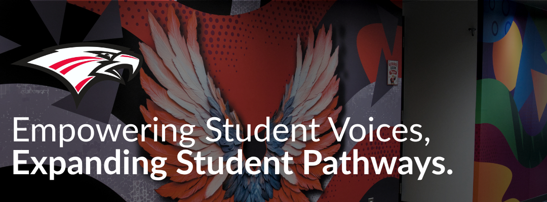 Eagle mascot logo overlaying classroom graphics alongside the text "Empowering Student Voices, Expanding Student Pathways."