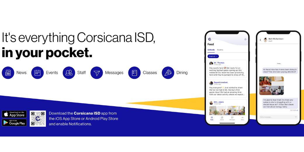 graphic with phones promoting Apptegy Corsicana ISD app