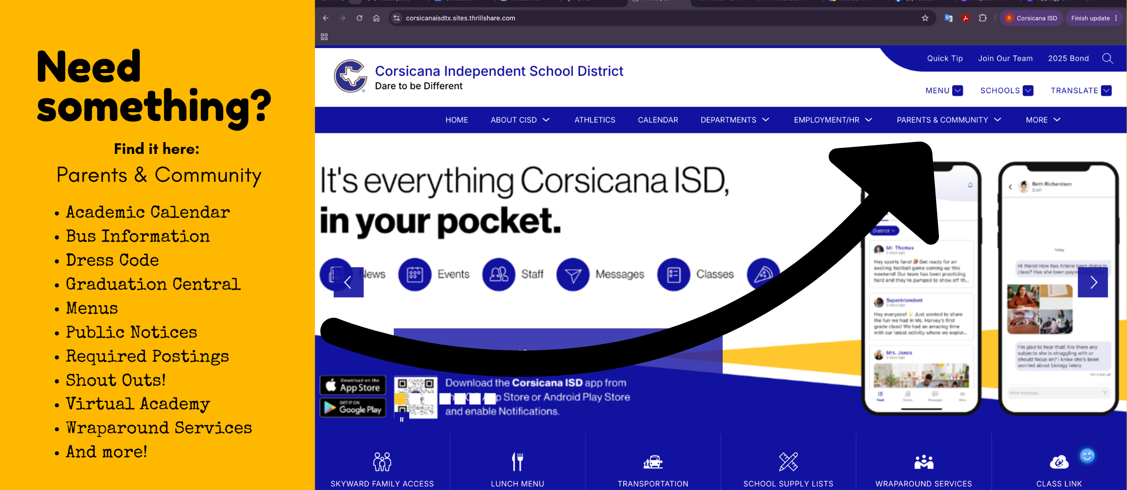 graphic pointing one to the Parents &amp; Community tab