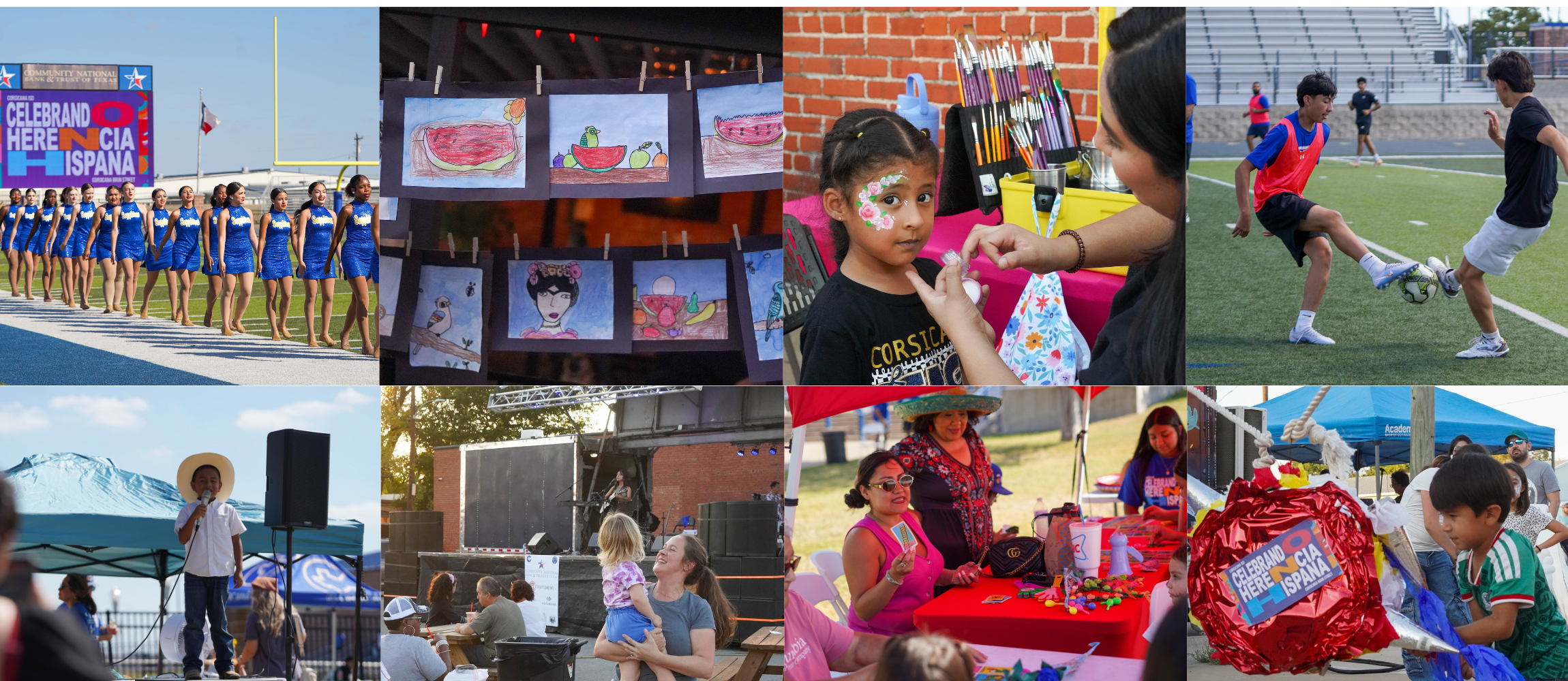 Photograph collage celebrating Hispanic heritage through performances, art, sports, and family activities. 