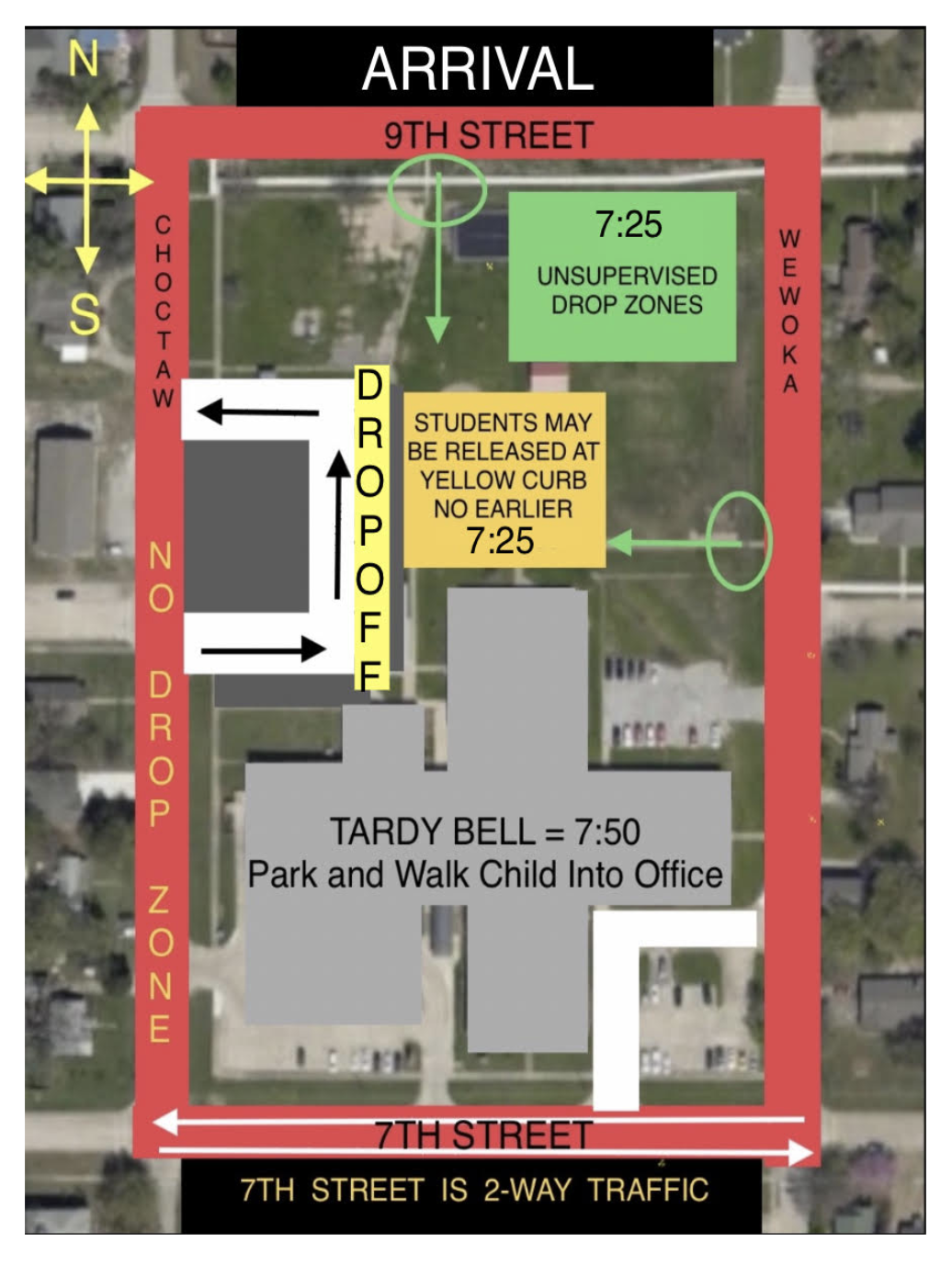 Arrival for Claremont: No drop off on street, drop off zone is in the circle at 8th and Choctaw. please only drop off students at the yellow curb and no earlier than 7:25am