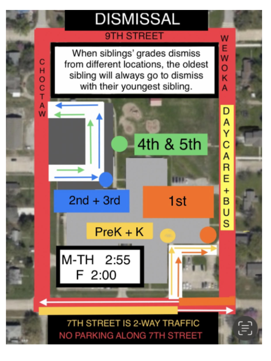 Dismissal:  Pre-K, K, and 1st will be picked up at the 7th  and Wewoka door. 2nd, 3rd, 4th, and 5th will be picked up in the circle located at 8th and Choctaw.  Students with younger siblings will go to their younger siblings for pick up.  Daycare prick up is at the end of B wing, 8th and Wewoka.