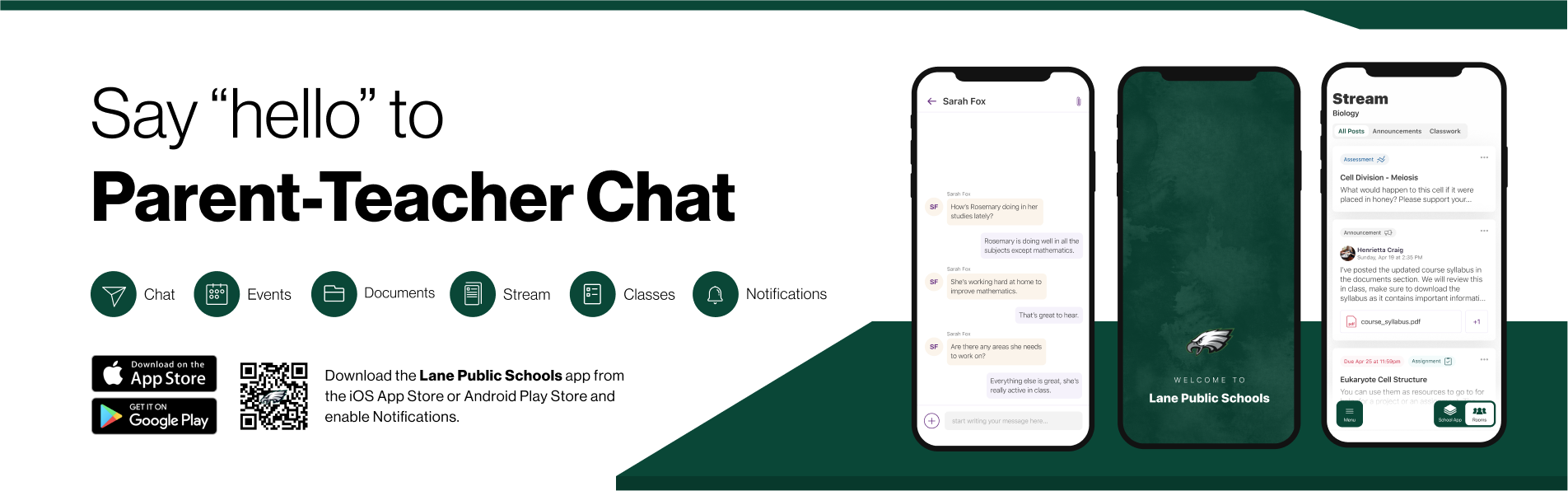 Say hello to Parent-Teacher chat in the new Rooms app. Download the Lane Public Schools app in the Google Play or Apple App store.