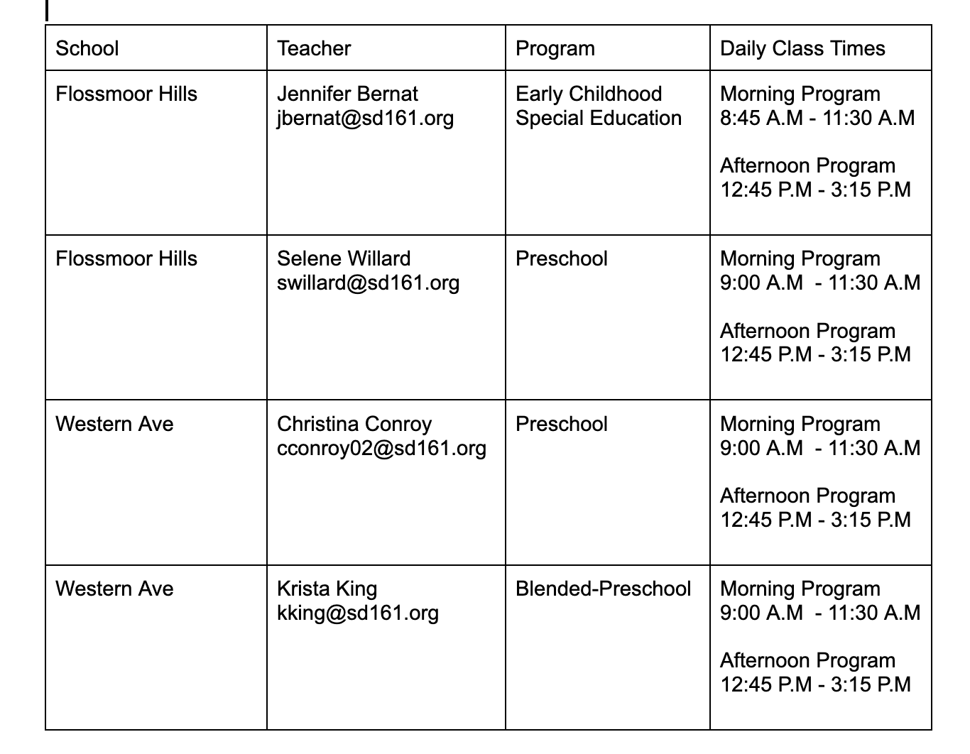 Preschool Program Teachers and Program Times