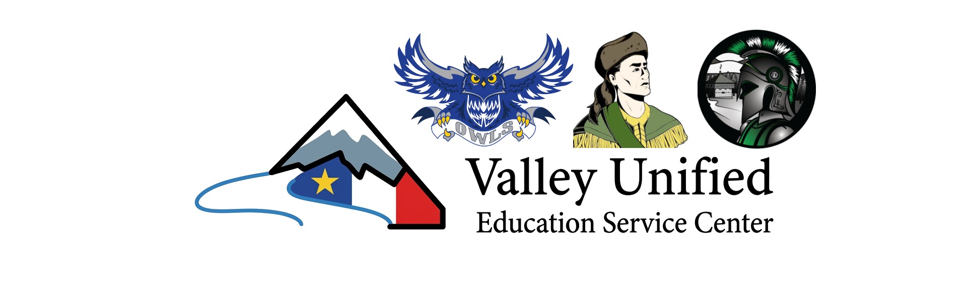 A mountain with and owl, pioneer, and warrior logo