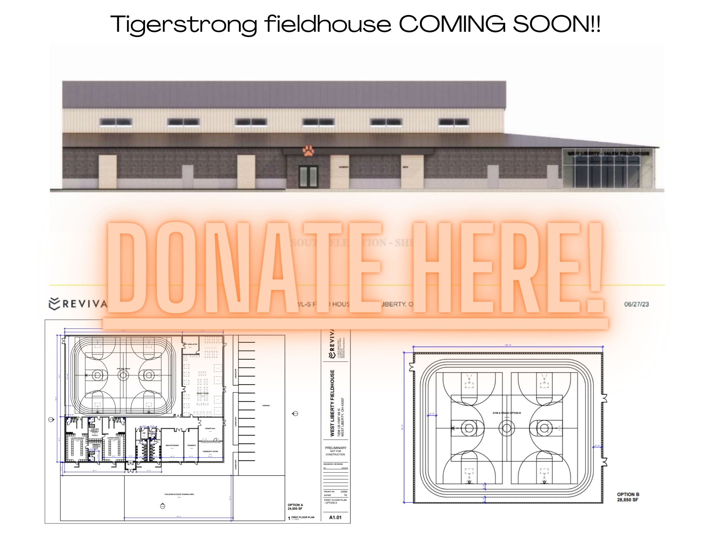 architect's rendering of fieldhouse and floor plan with an embedded link to collect donations