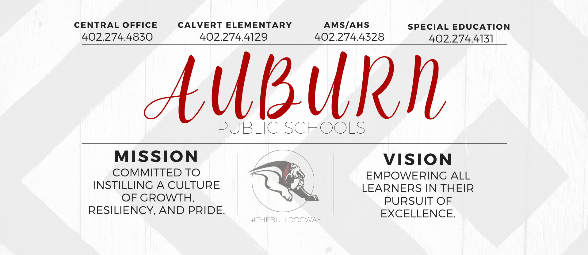 A graphic for Auburn Public Schools with a light gray textured background and diagonal stripes. Across the top are contact phone numbers for Central Office (402-274-4830), Calvert Elementary (402-274-4129), AMS/AHS (402-274-4328), and Special Education (402-274-4131). The center features the words “Auburn Public Schools,” with “Auburn” in large red script lettering and “Public Schools” in smaller gray text below. On the left is the heading “Mission” with the text: “Committed to instilling a culture of growth, resiliency, and pride.” On the right is the heading “Vision” with the text: “Empowering all learners in their pursuit of excellence.” In the center lower area is a bulldog mascot logo with the text “#TheBulldogWay” and “Home of the Bulldogs.” A red gradient band runs along the bottom of the image.