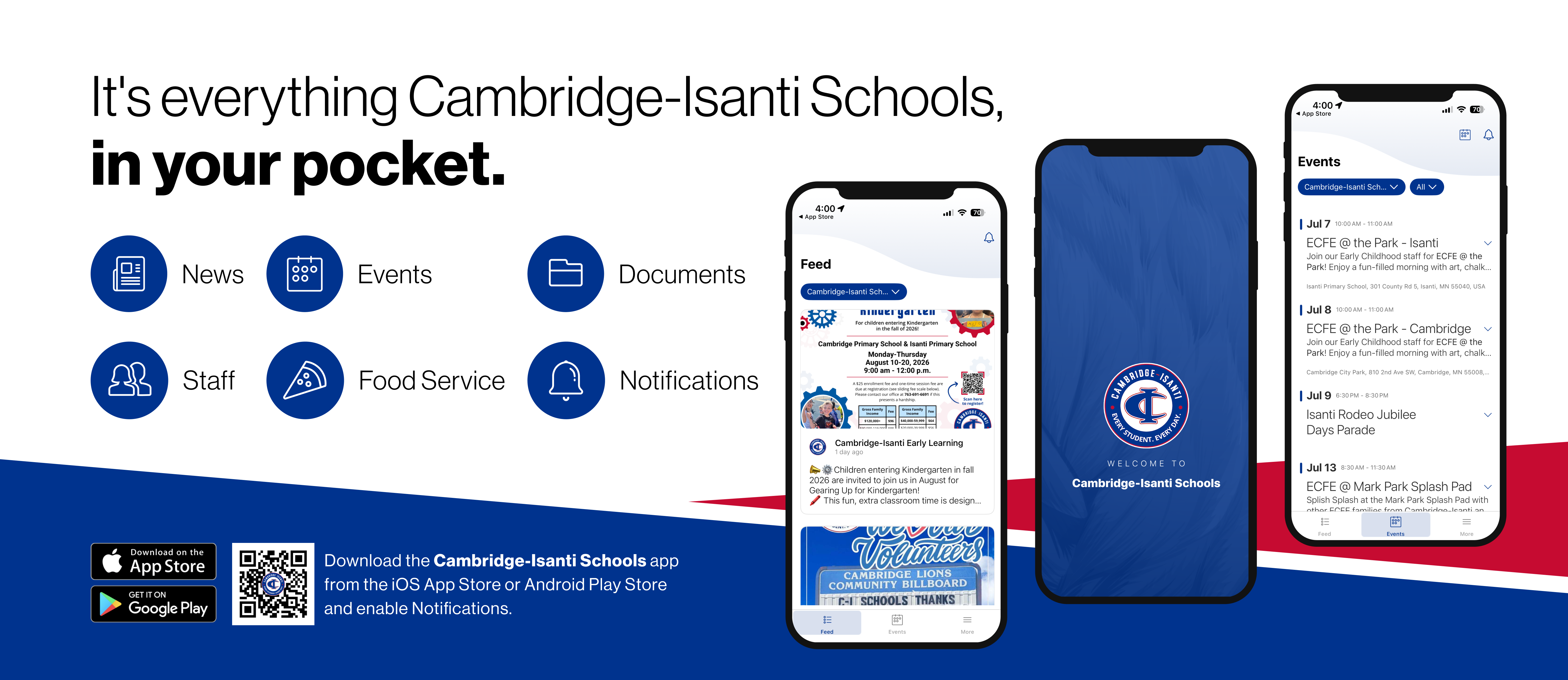 Promotional graphic for the Cambridge-Isanti Schools app, showing app features and links to download on app stores.