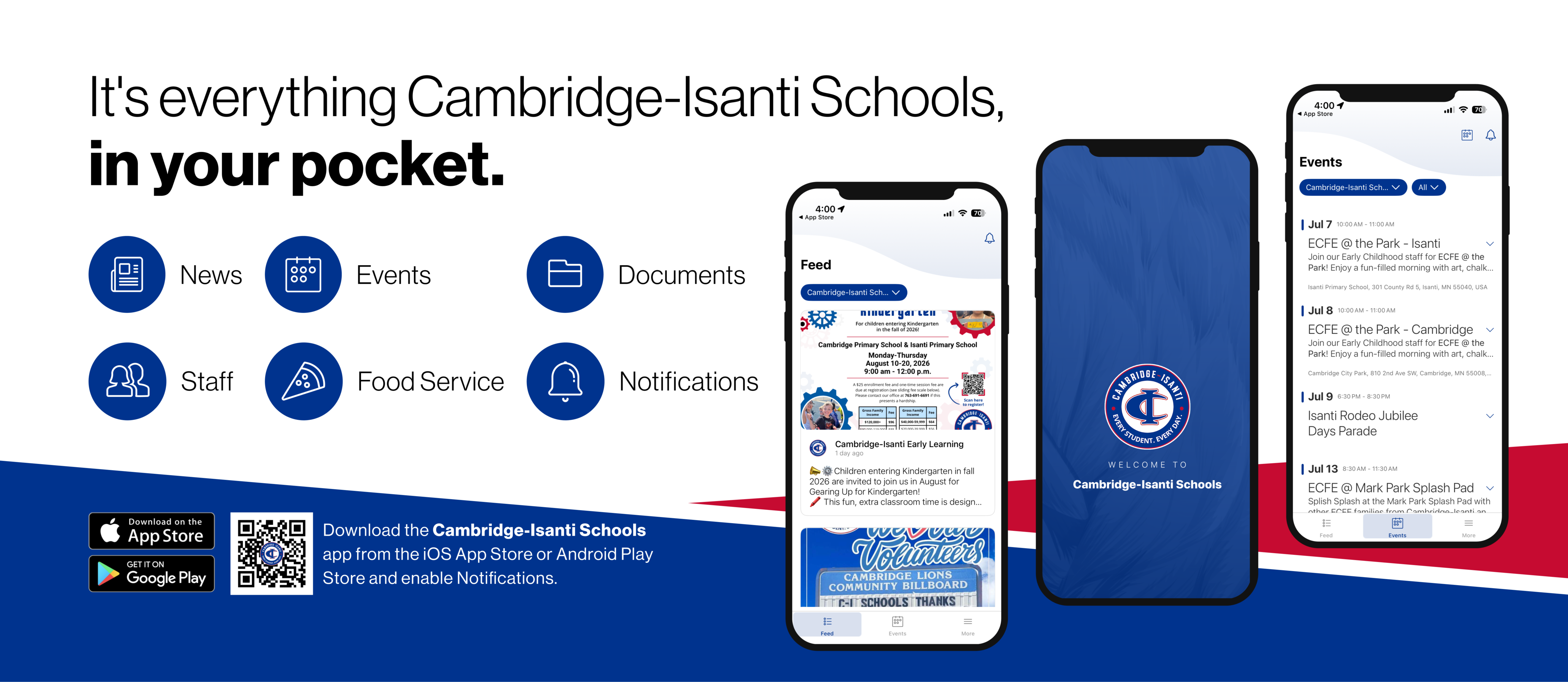 Promotional graphic for the Cambridge-Isanti Schools app, showing app features and links to download on app stores.