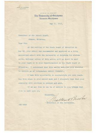 1918 Letter confirming that Elmore City Schools meet the state standards for accreditation.