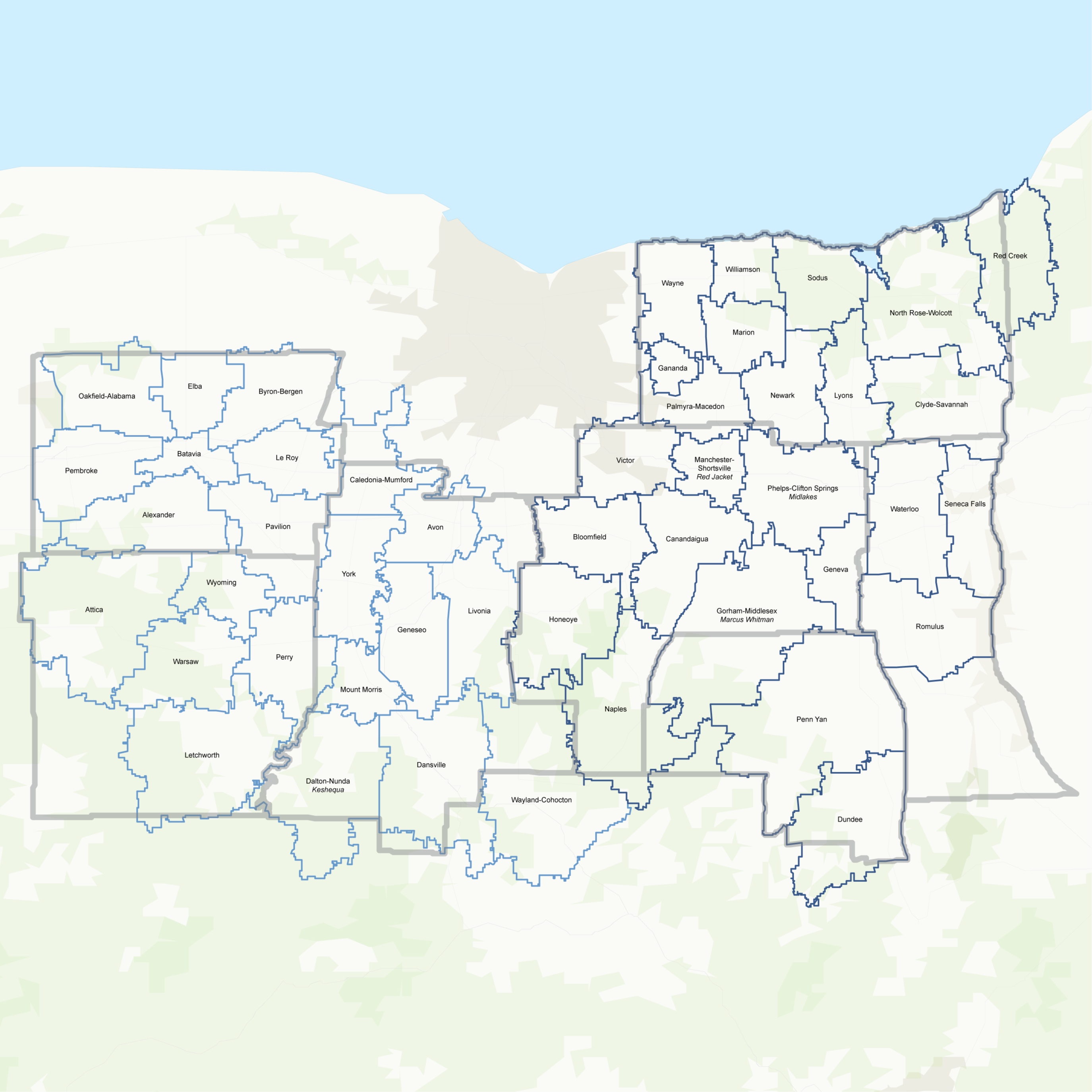 A map of the Genesee Valley and Wayne-Finger Lakes BOCES region which EduTech serves.